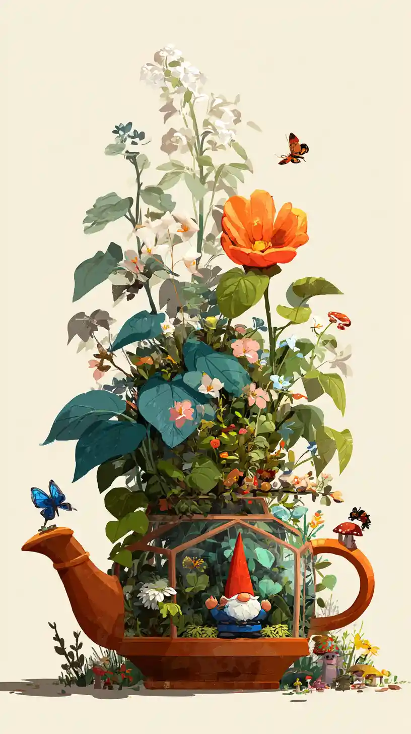 Teapot Greenhouse With Spring Blossoms And Curious Gnome
