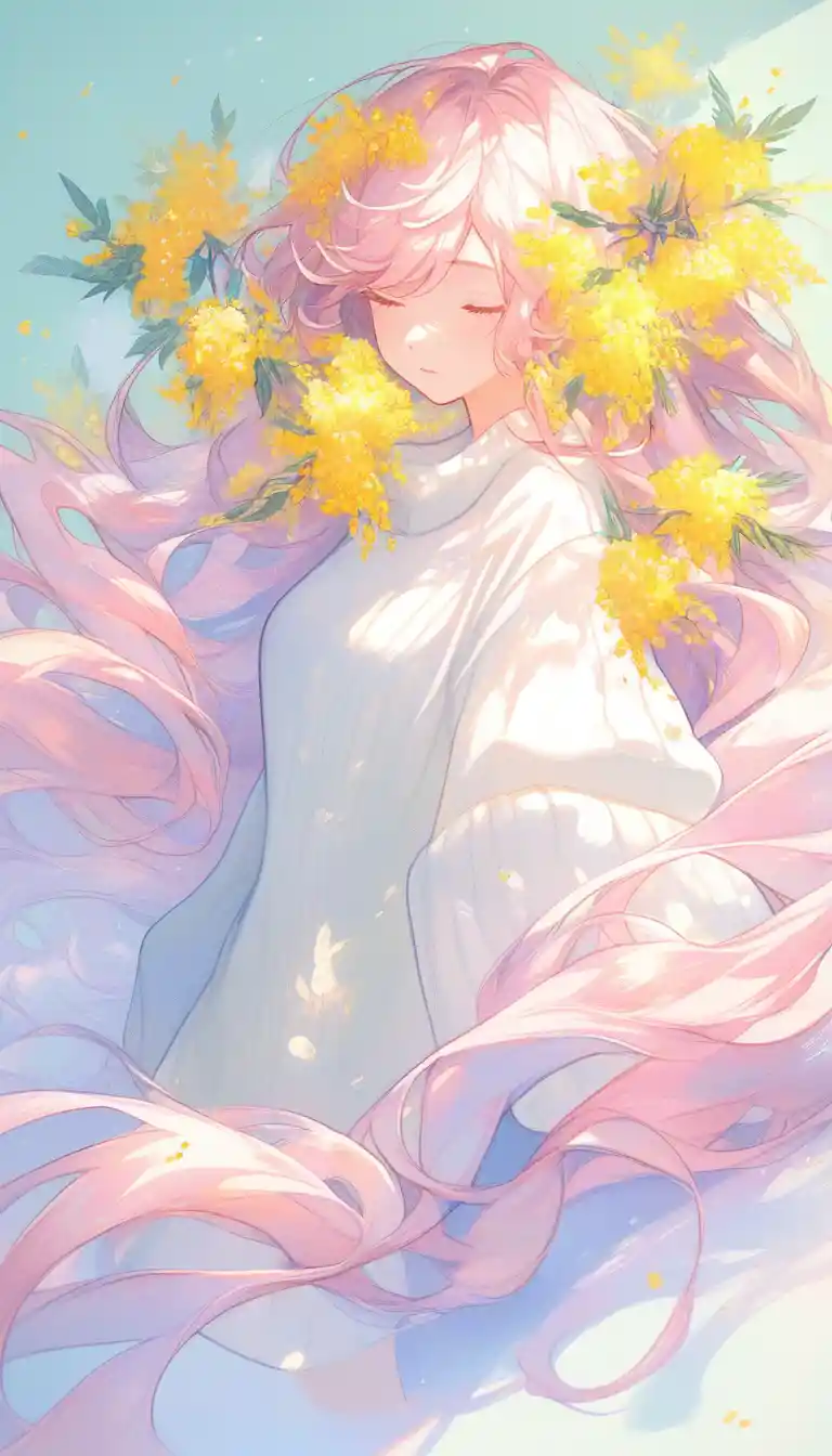 Girl with mimosa flowers in soft pastel pencil illustration