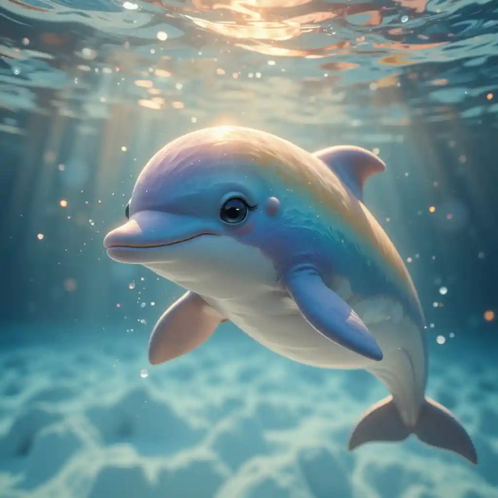 Photorealistic rainbow dolphin swimming in calm clear ocean