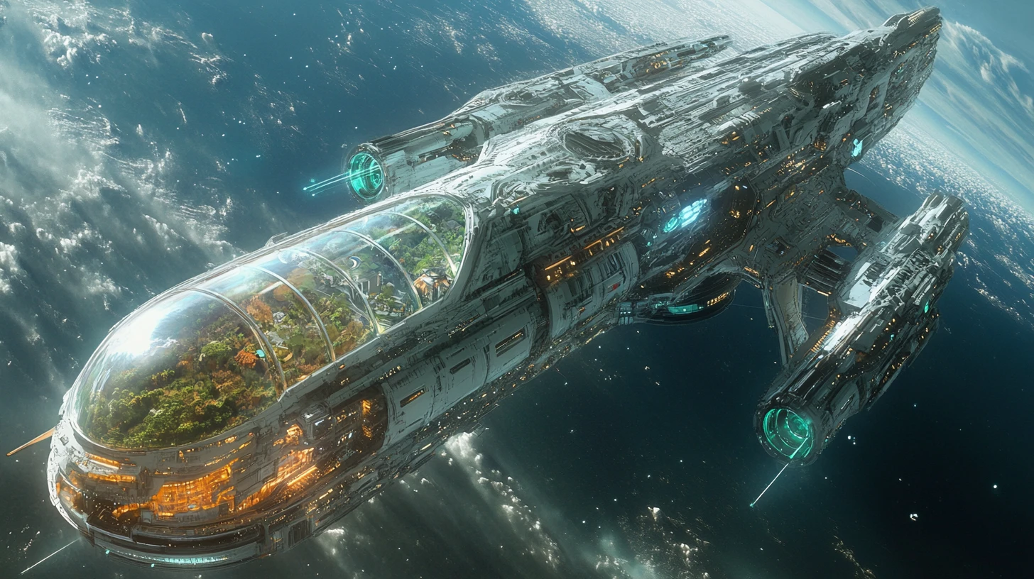 Massive generation ship with domed ecosystems in deep space