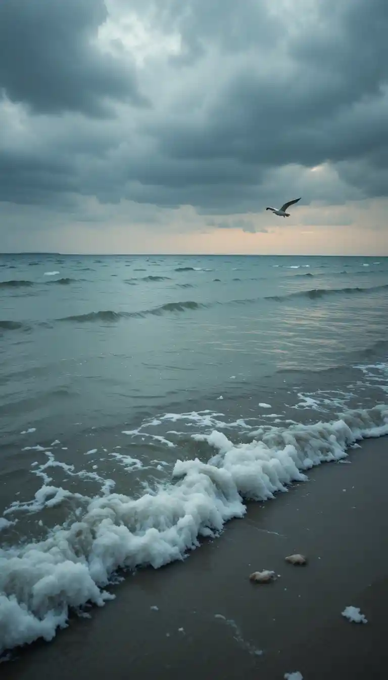 Somber seascape with lone seagull over polluted waters