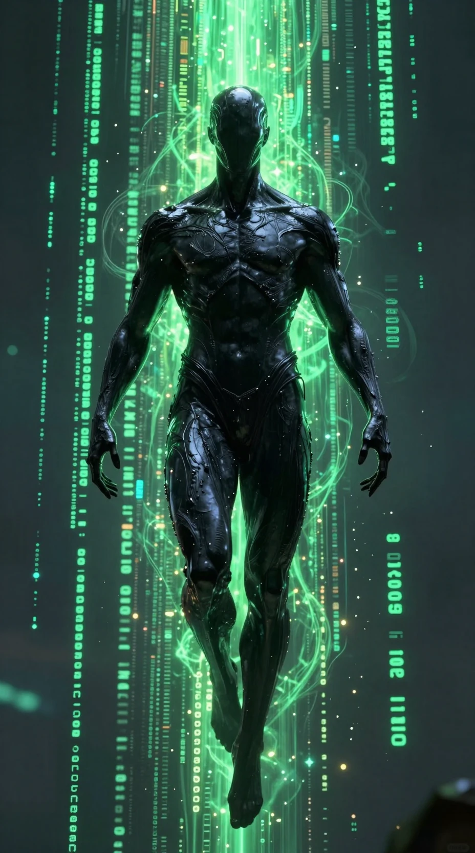 Figura divina de obsidiana en un reino de código digital resplandeciente