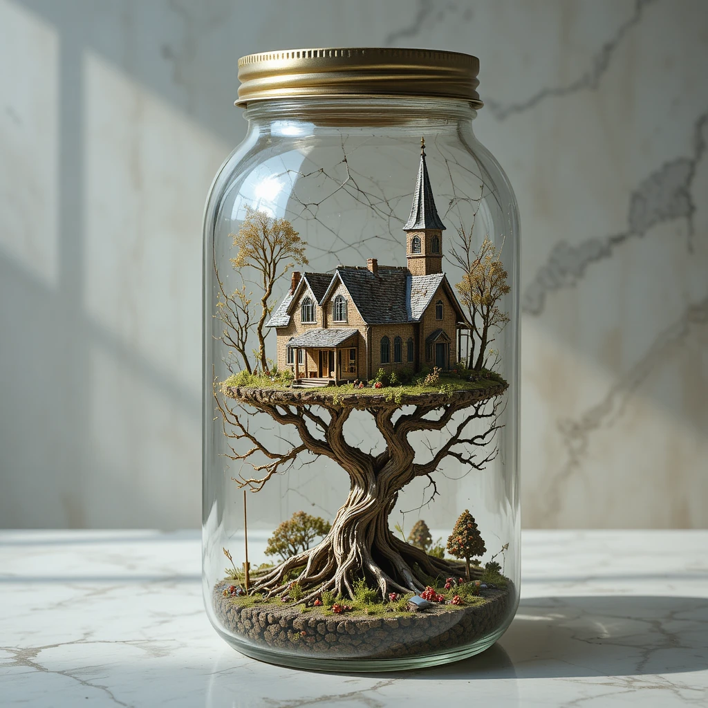 Casa e igreja em miniatura em um vidro sobre uma árvore