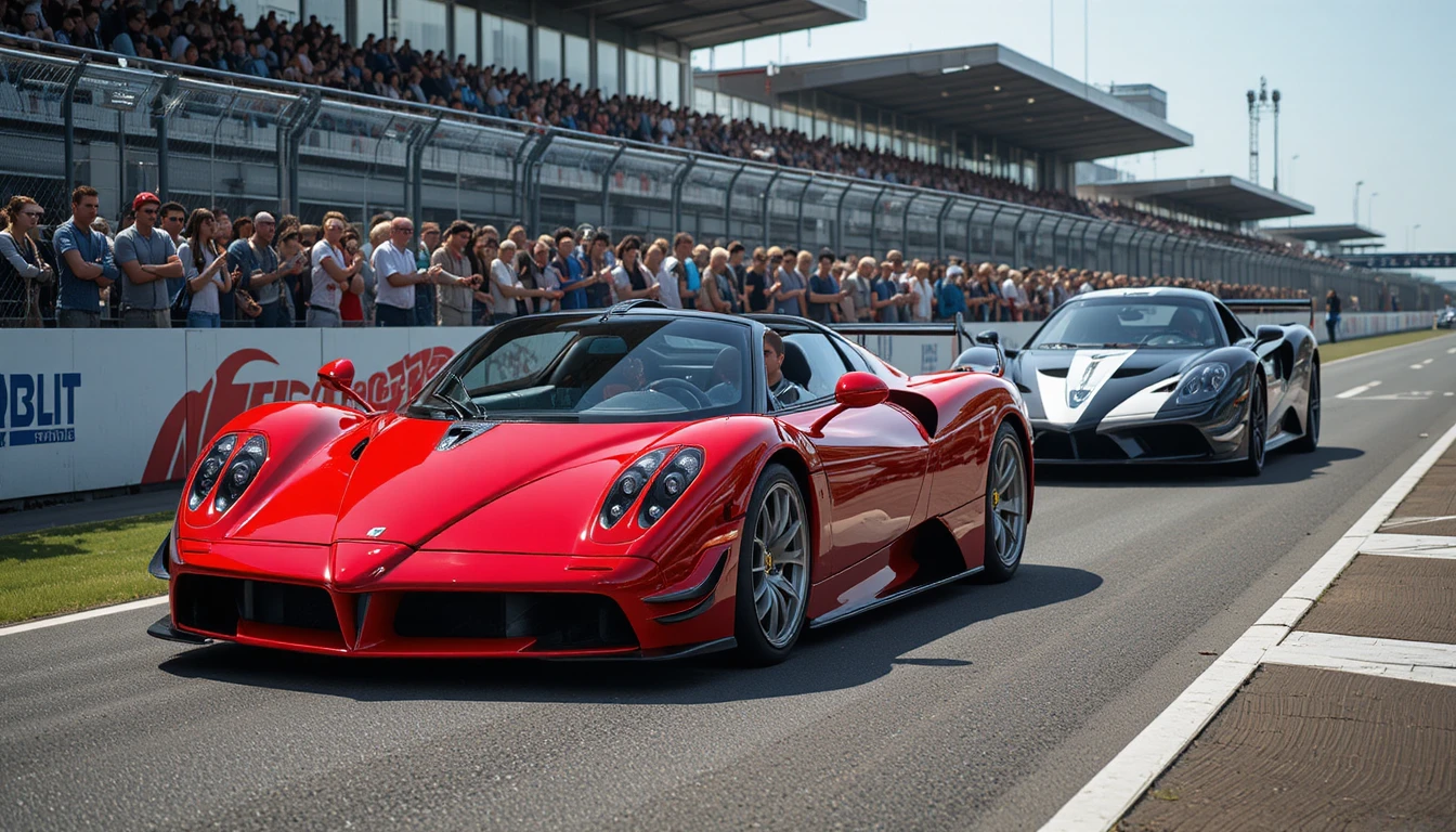 Roadster rojo en pista de carreras con conductor a plena luz del día