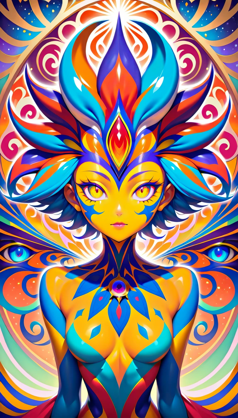 Cosmic jester portrait with kaleidoscope mask and fractal aura