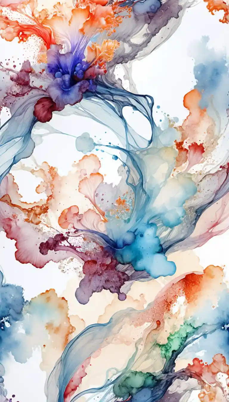 Abstract watercolor swirl with botanical ink details
