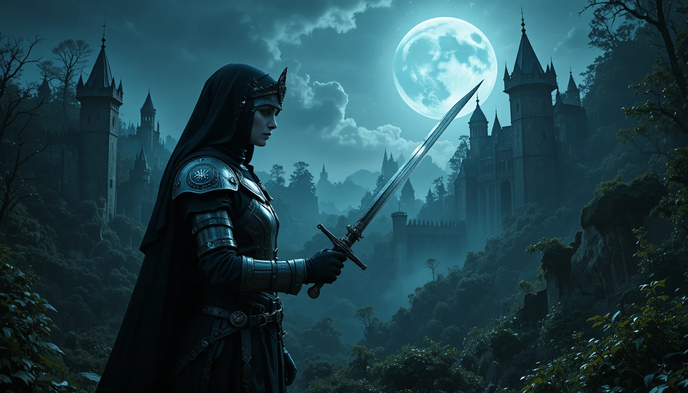 Warrior nun confronts vampire under eerie medieval moonlight