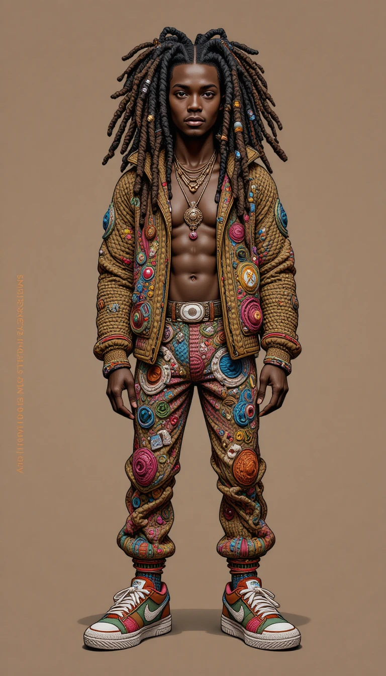 Afrofuturistischer Mann im von Häkelarbeit inspirierten Streetwear-Charakterdesign