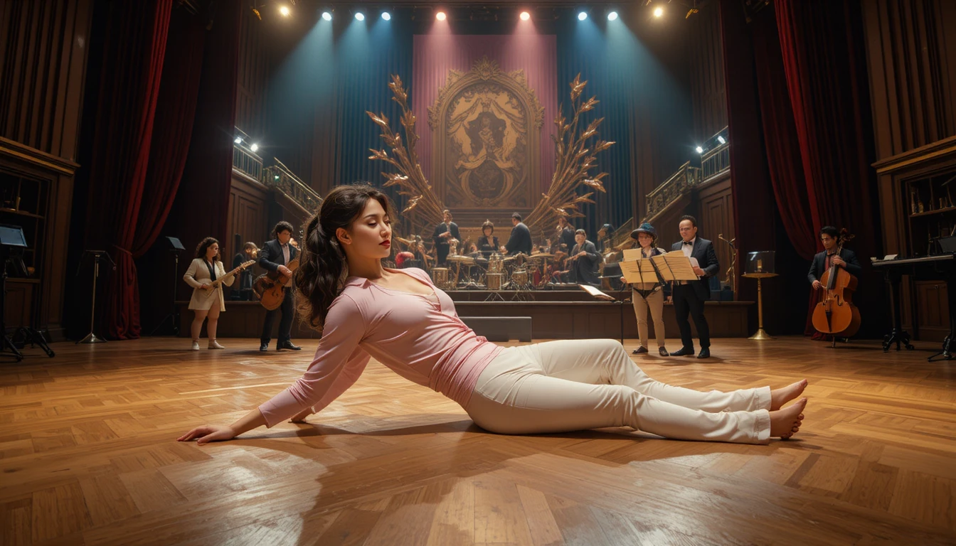 Couple lying together on a bright theatrical stage