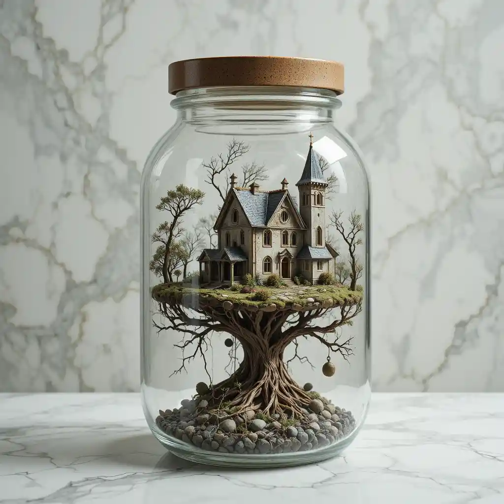 Miniature house and church in a glass jar on a tree