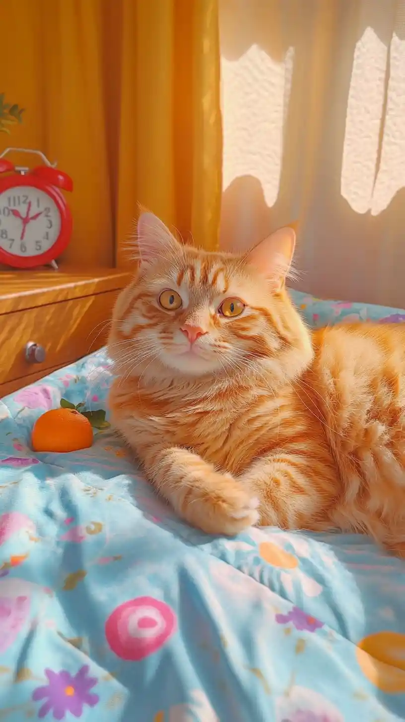 Red cat on blue bedspread in a cozy morning bedroom