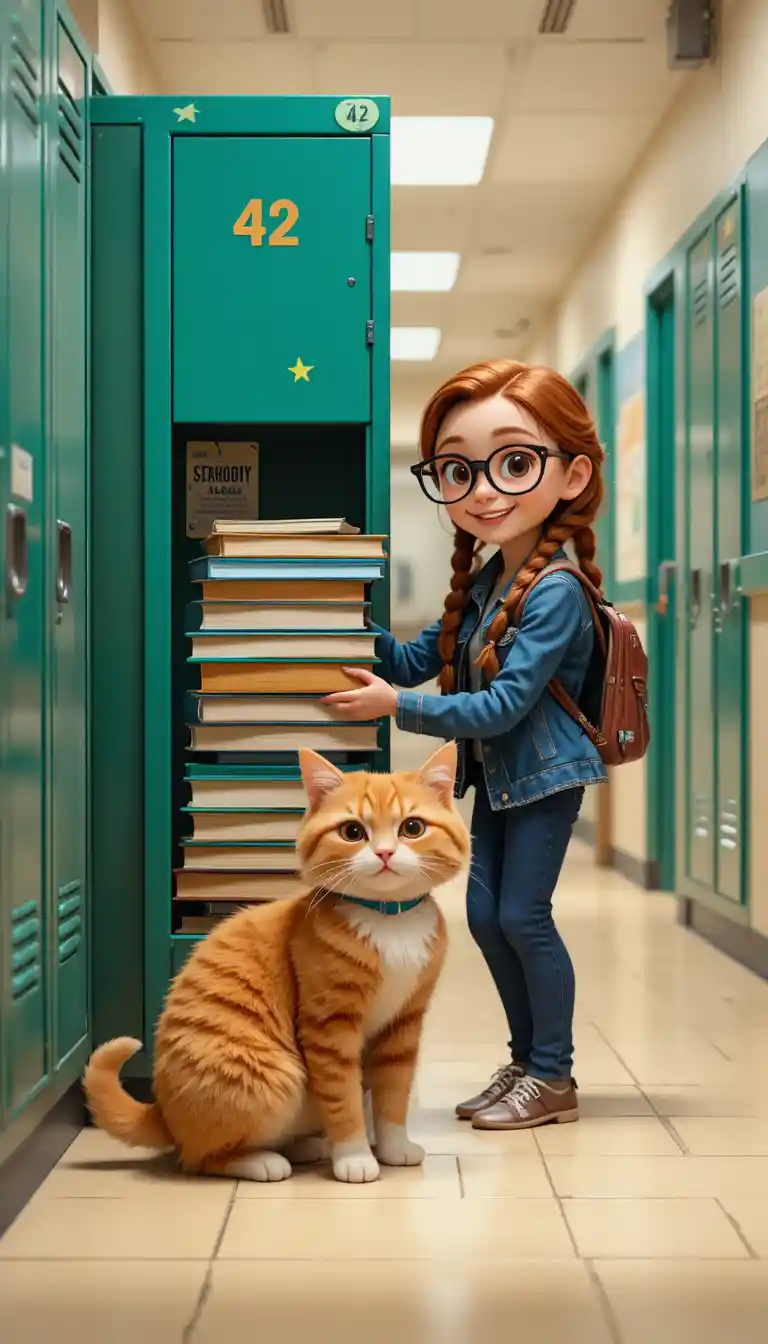 Teen girl storing textbooks in a bright school hallway