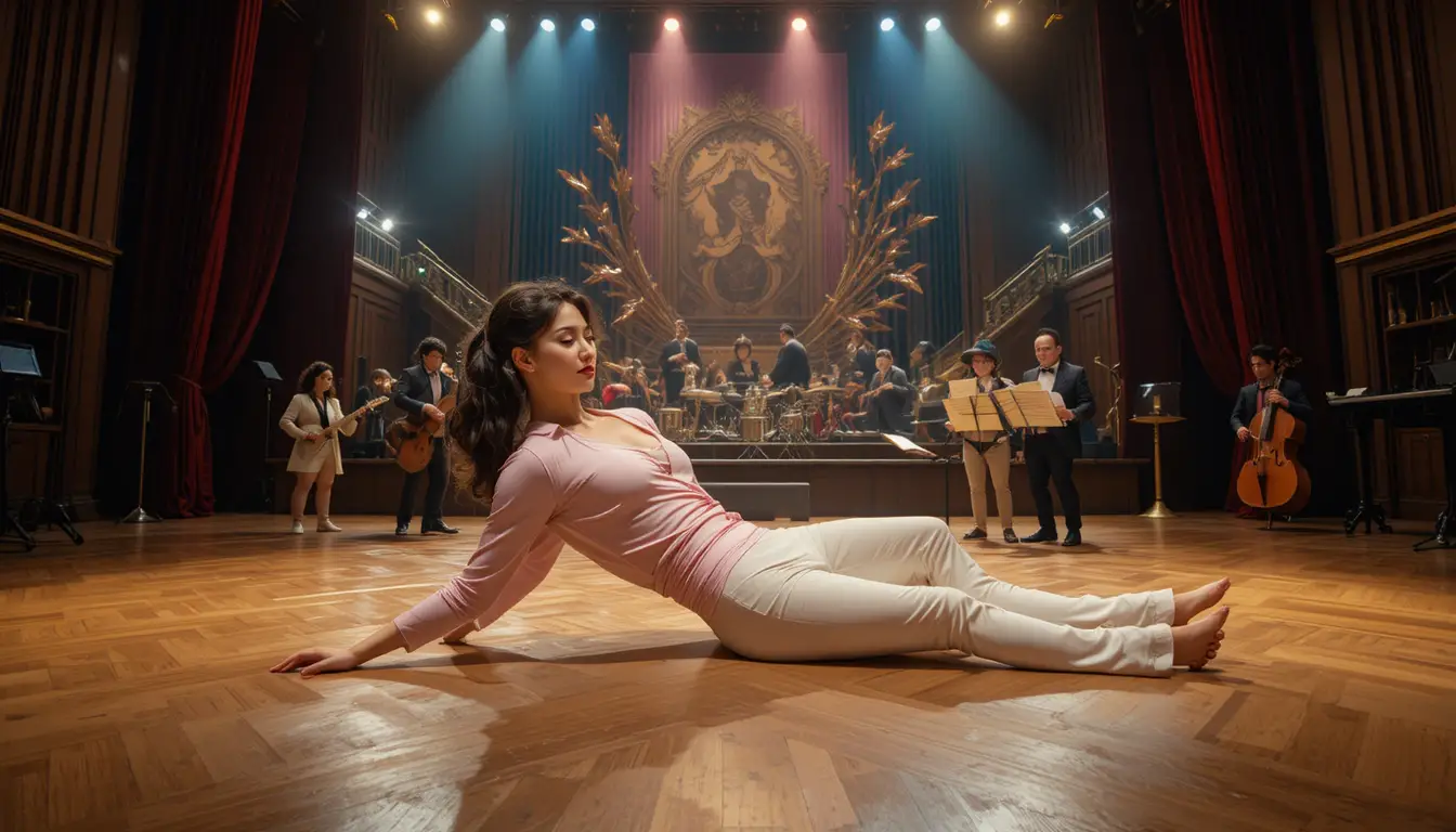 Couple lying together on a bright theatrical stage