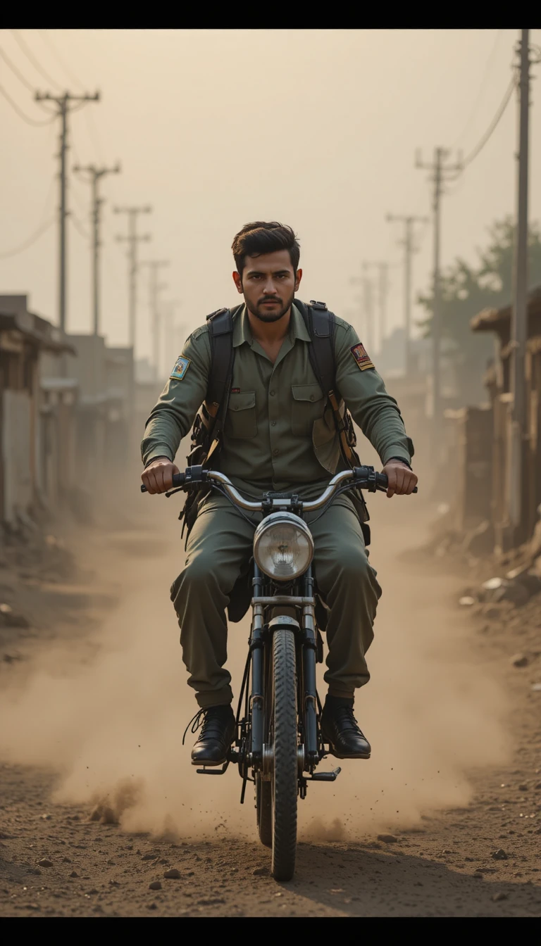 Pakistani soldier riding a bike through a dusty town street