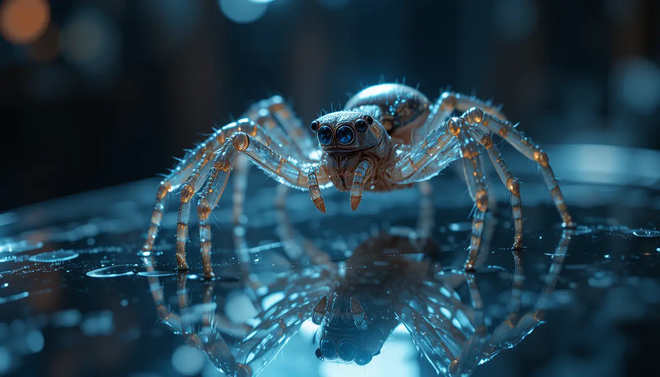 Spinne auf surrealer, gläserner Oberfläche mit unheimlichem Spiegelbild