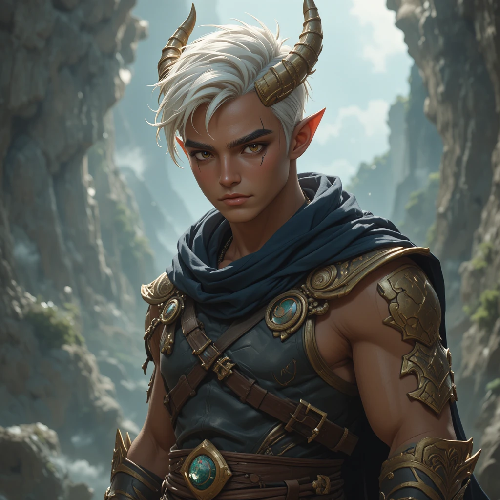 Fantasy eliotope man with white hair and dark eyes