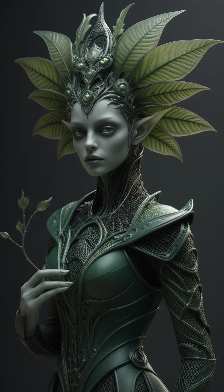 Alien fairy woman in biomechanical green organic armor portrait