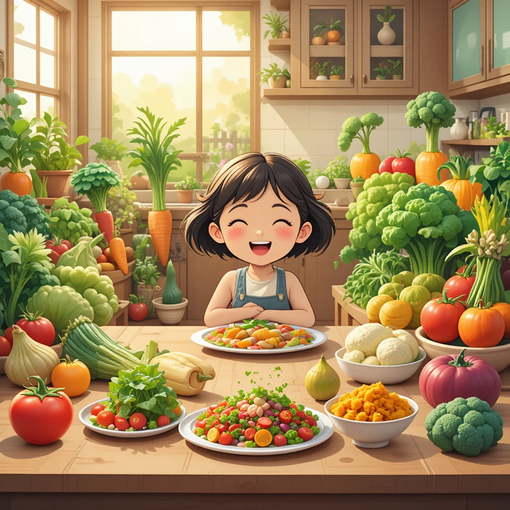 Smiling cartoon vegetables in a sunny kitchen garden