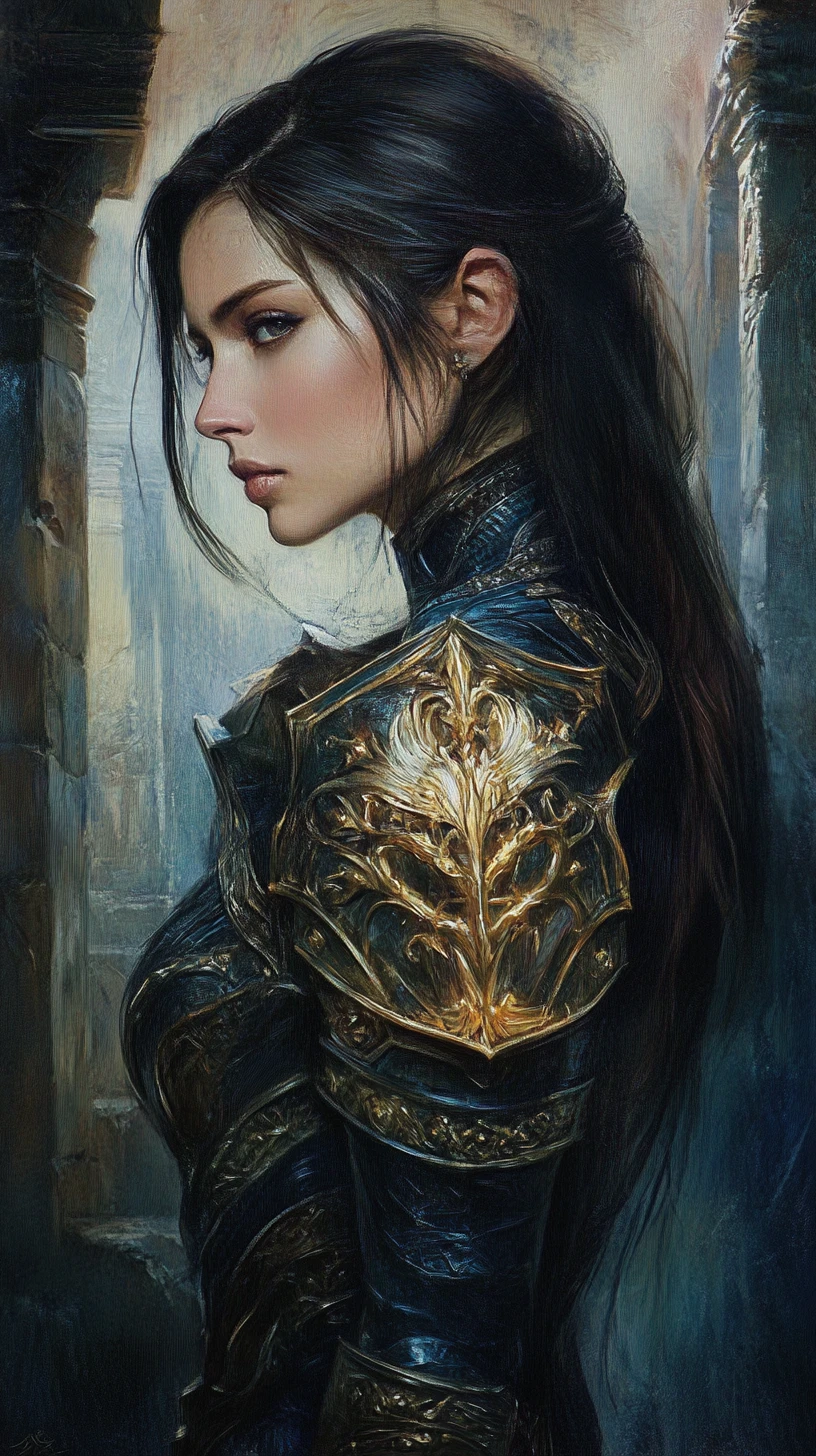 Fantasy armored woman in a dark ruined castle interior