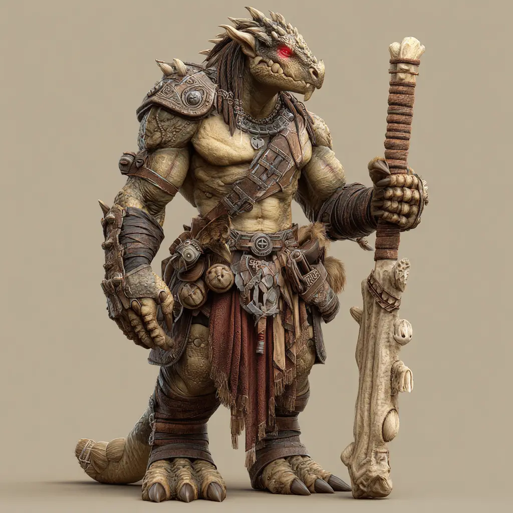 Dragonborn barbarian with brass skin and bone club