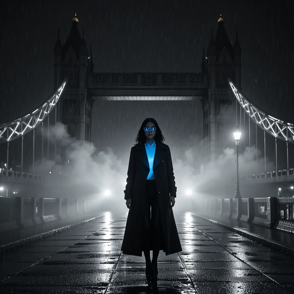 Noir femme fatale under rain soaked city bridge at night