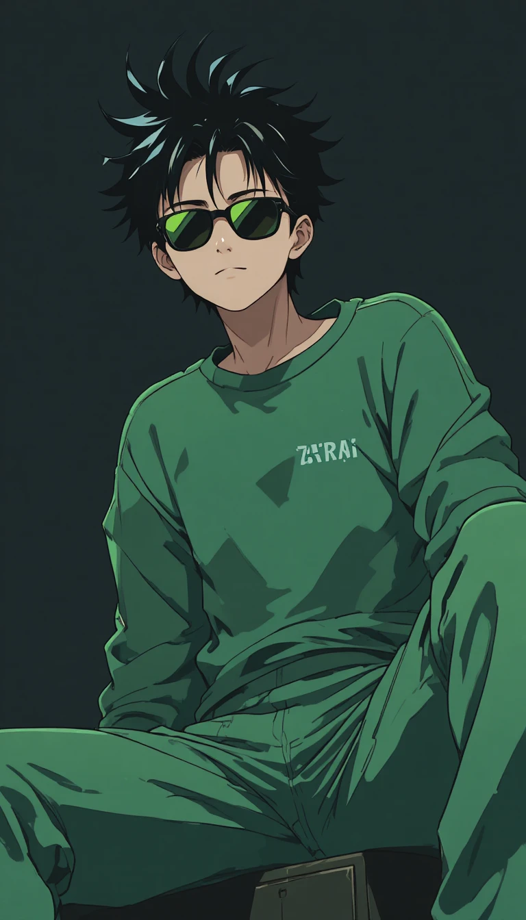 Chico de anime de verde inclinándose hacia la cámara sobre fondo oscuro