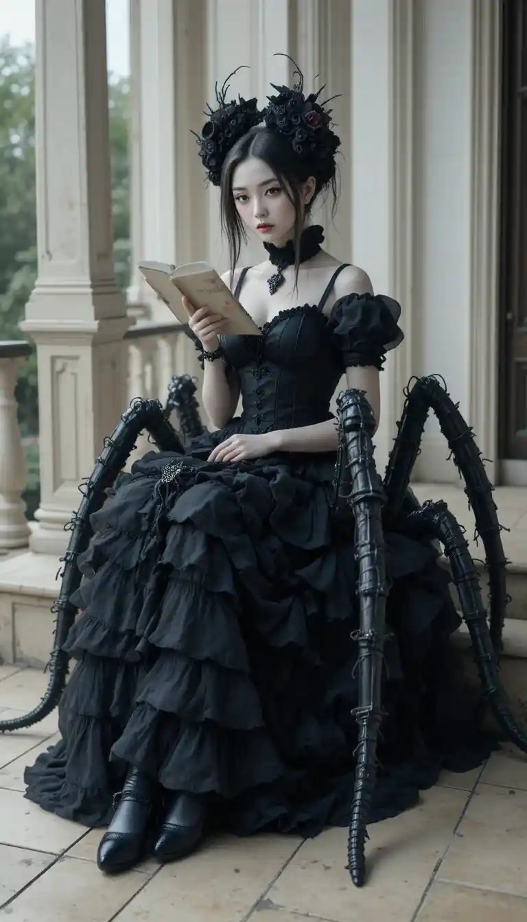 Gothic spider girl reading quietly on a terrace