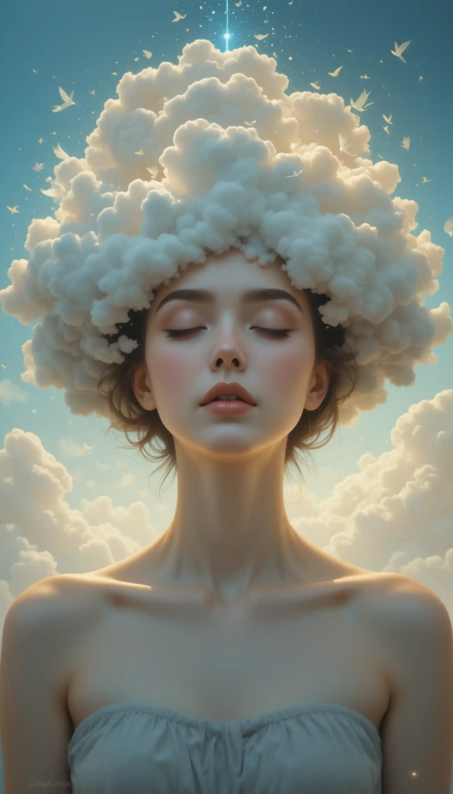 Surreal cloud headed woman in calm meditative portrait