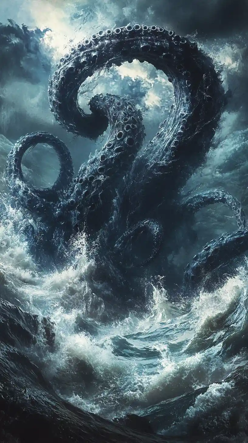 Giant sea monster tentacle rising from stormy ocean waves