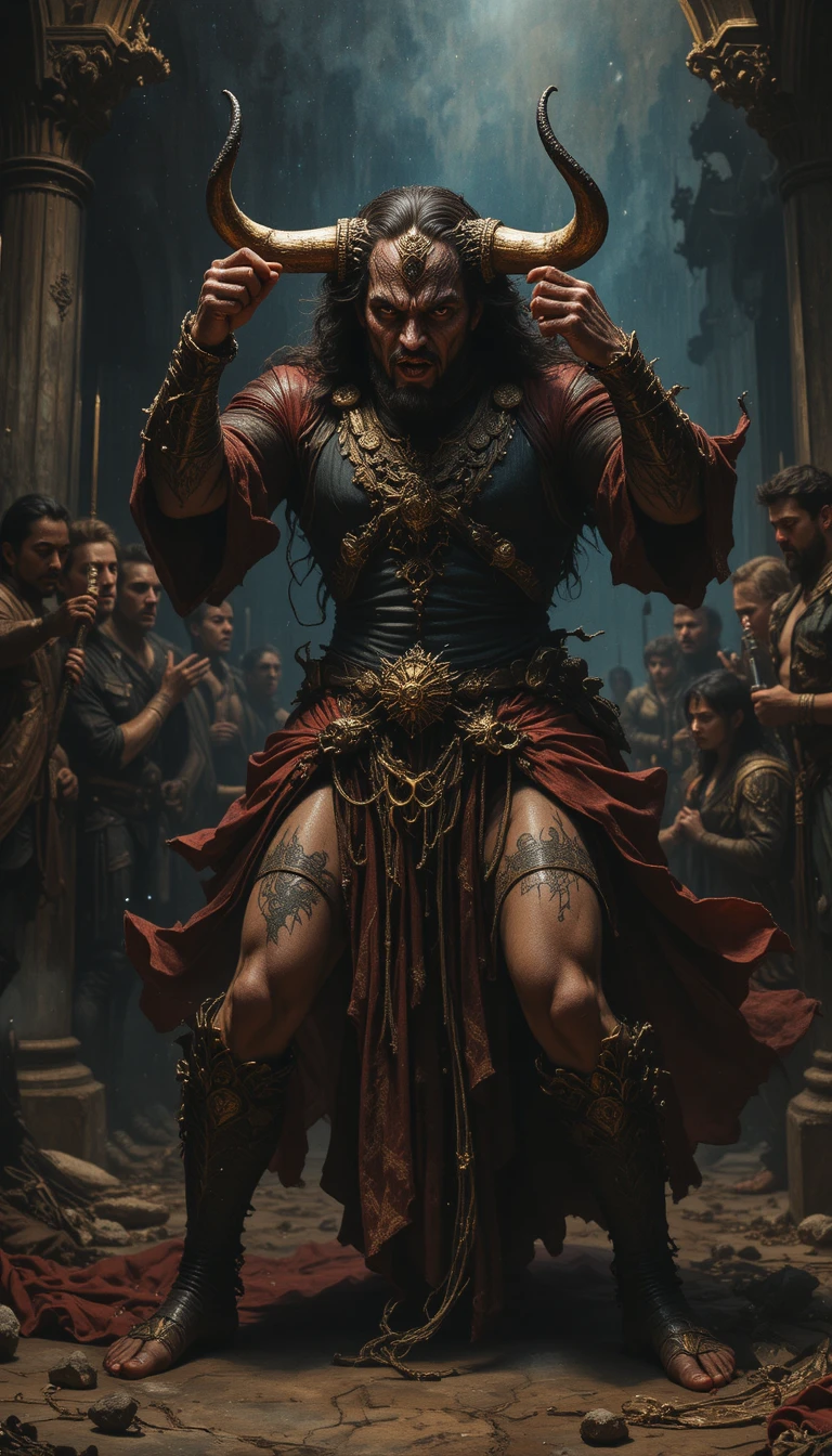 Man In Period Costume Grasping A Powerful Bull Horns