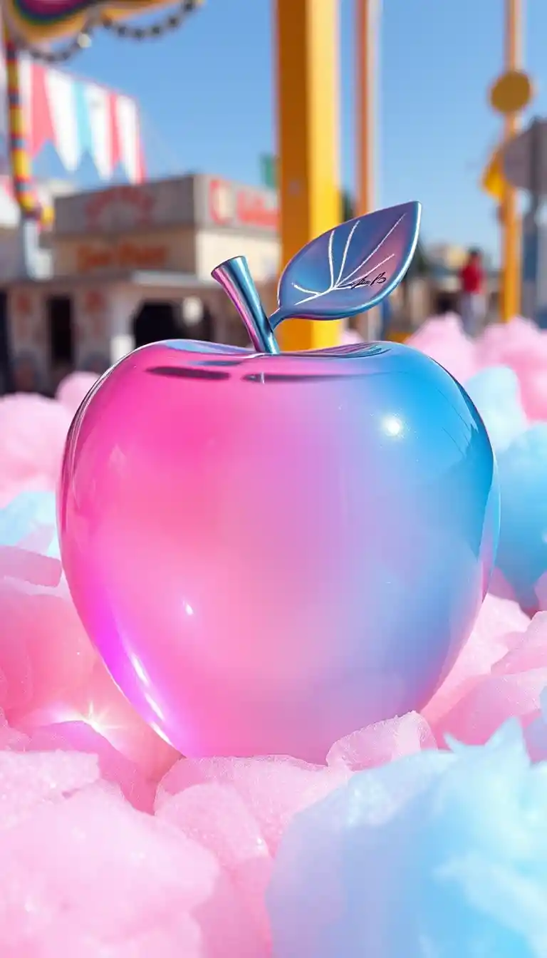 Glass candy apple on pastel cotton candy at summer fair
