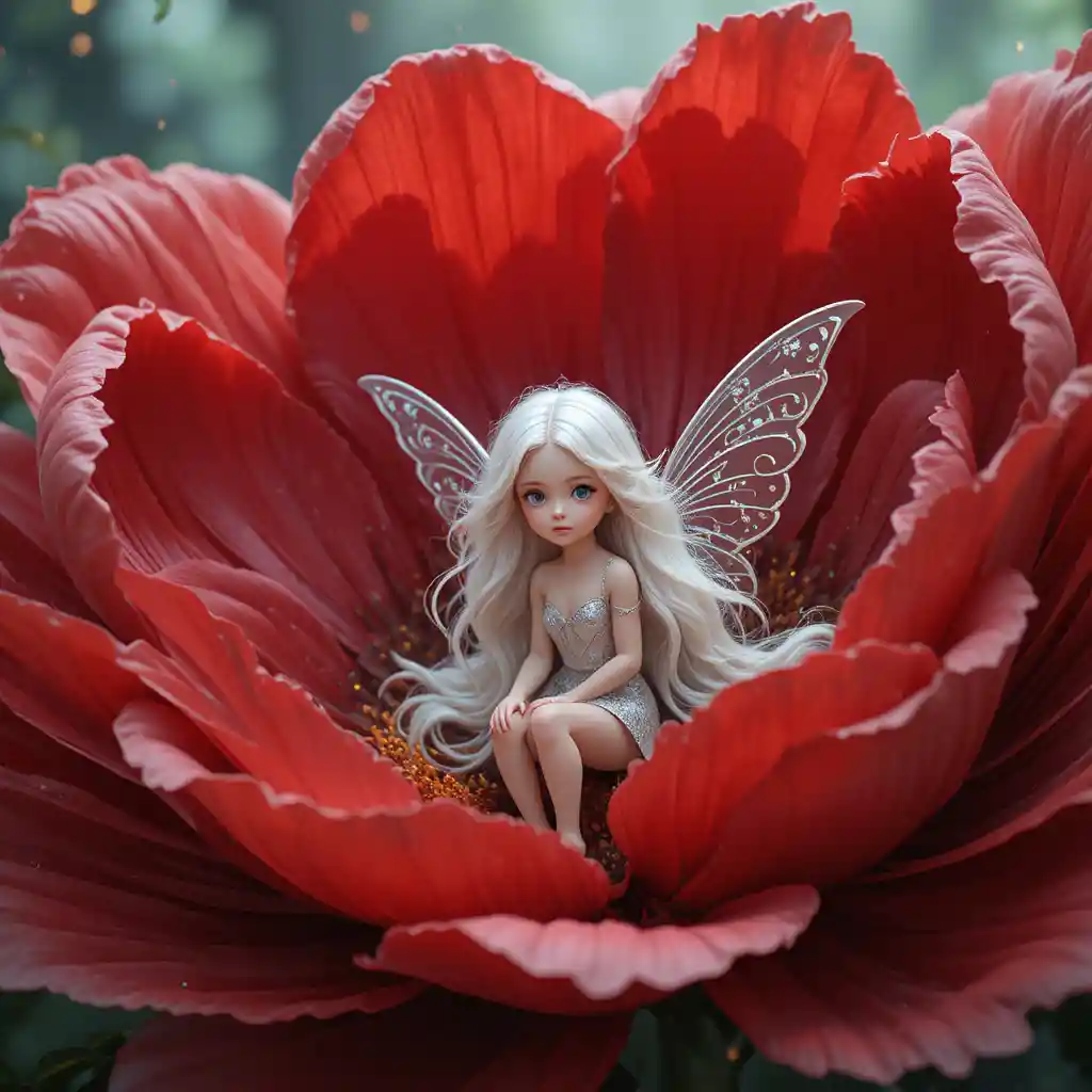 Tiny white haired fairy resting on a giant red flower