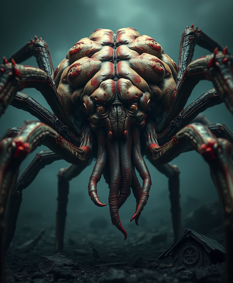 Monstruo araña cerebral grotesco en primer plano apocalíptico