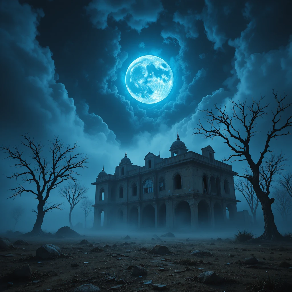 Verlassene Haveli im blauen Mondlicht am Dorfrand