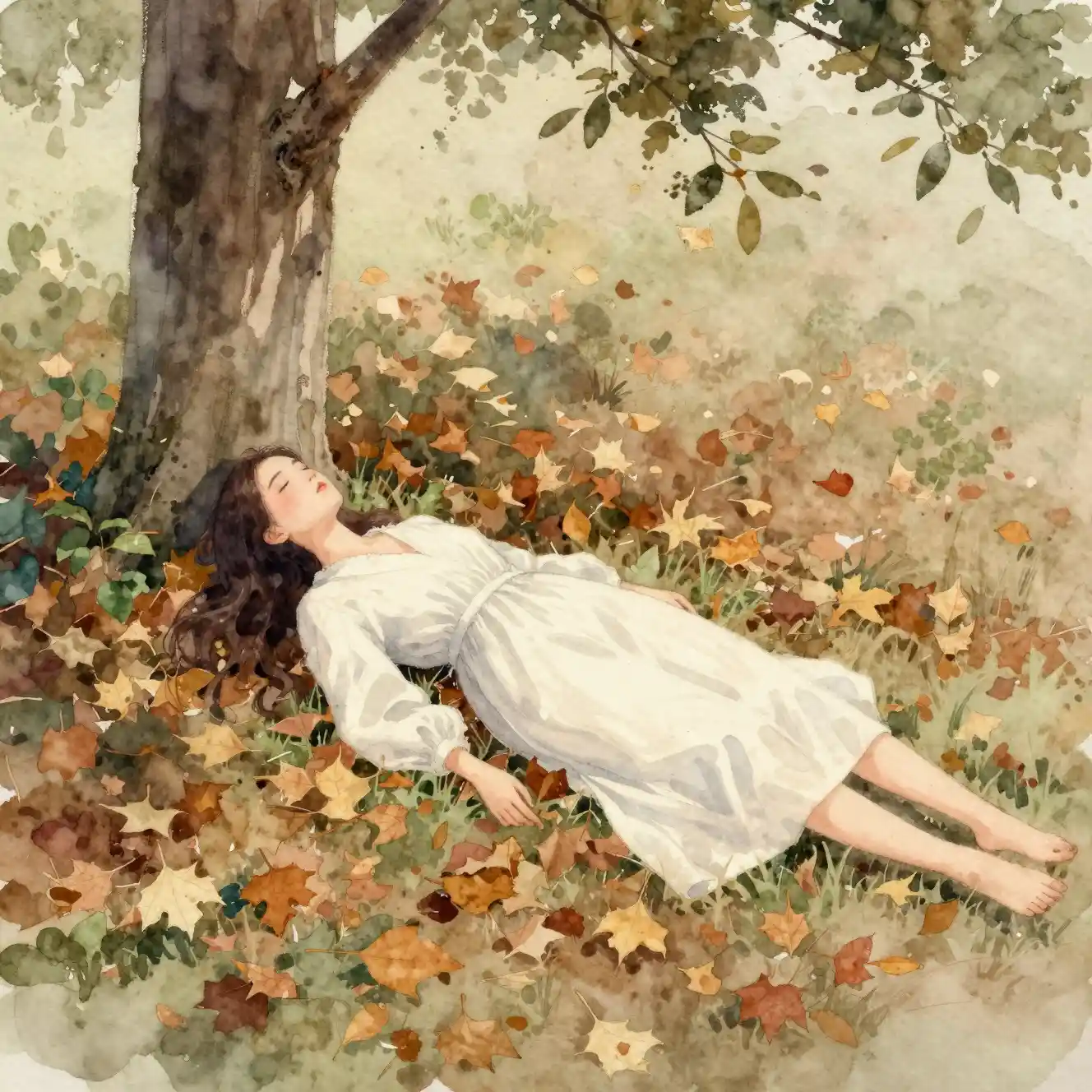 Woman lying on autumn leaves in a calm natural setting