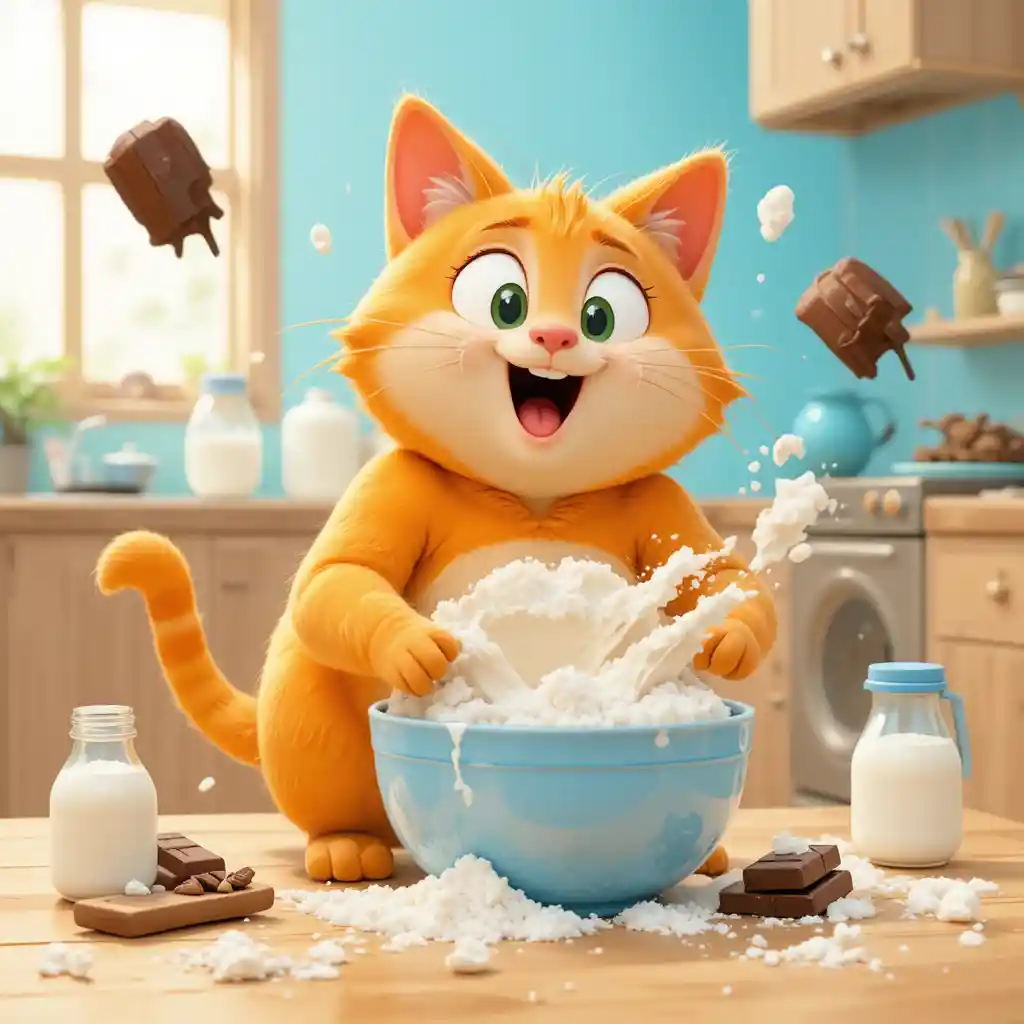 Chubby Orange 3D Cat Collecting Baking Ingredients In Kitchen