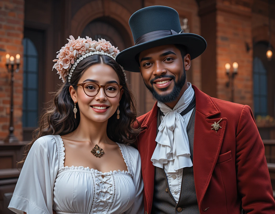 Smiling man and woman in costume on bright TV set