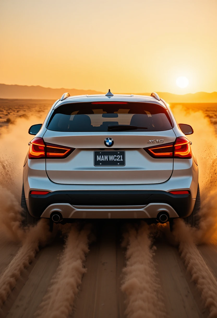 Weißer SUV rast durch Wüstensand im goldenen Sonnenuntergang