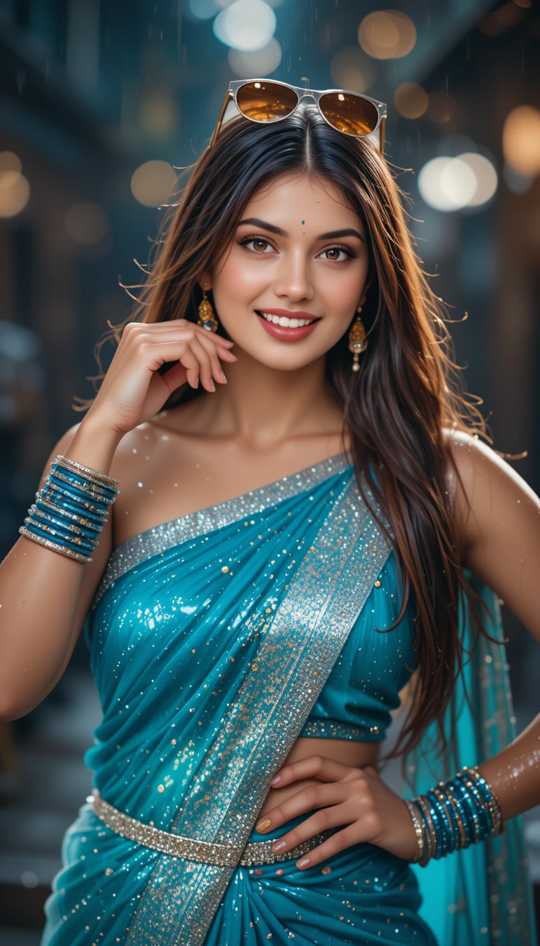Mulher sul-indiana brincalhona de saree azul com efeito molhado