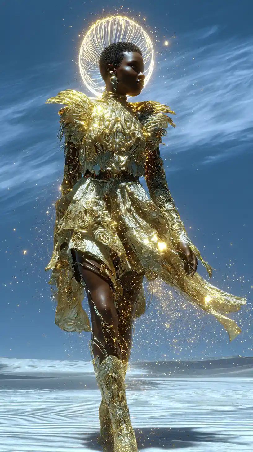 Emperatriz afrofuturista caminando sobre dunas de vidrio luminosas