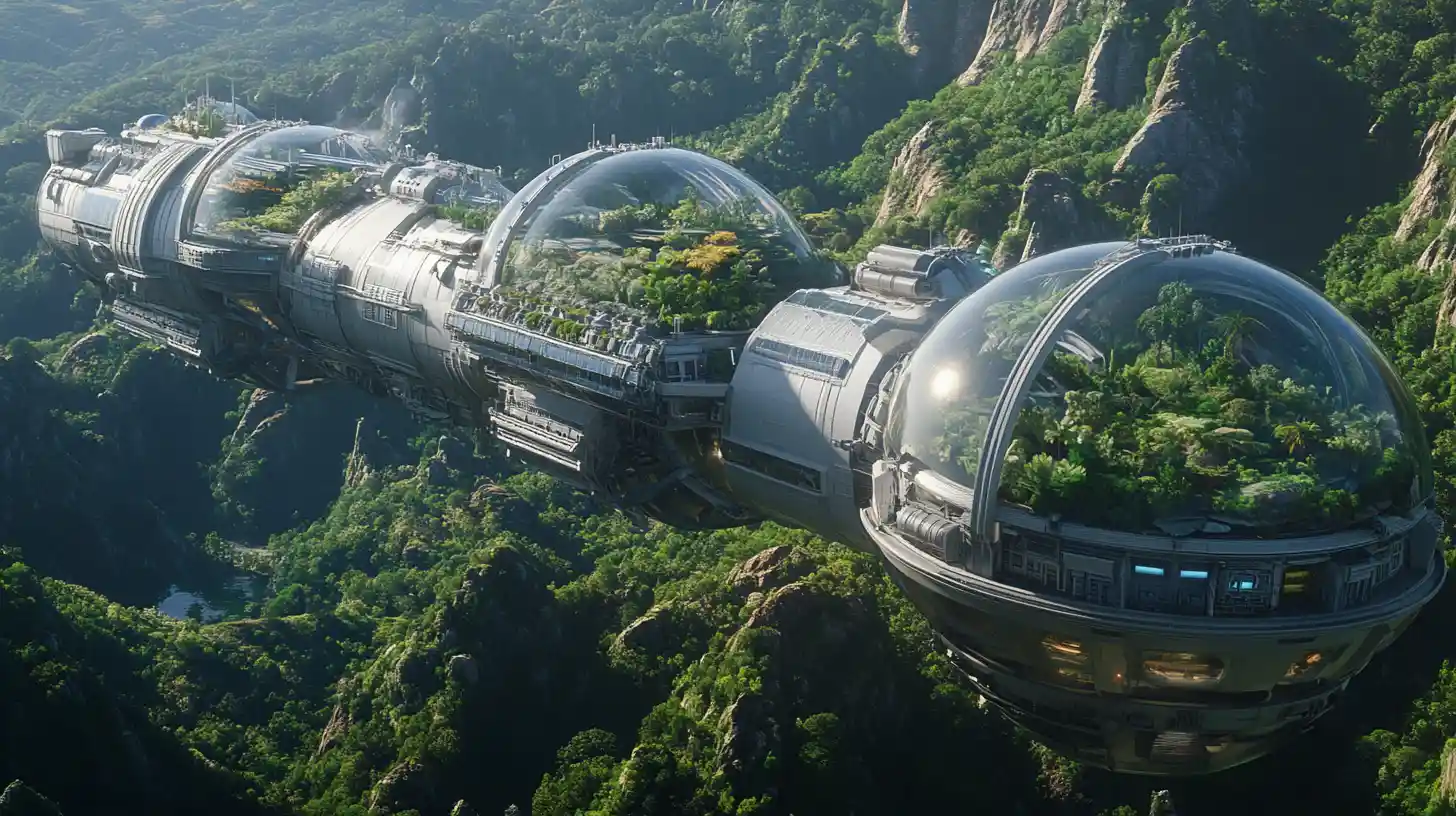 Vast ark spaceship carrying domed ecosystems in space