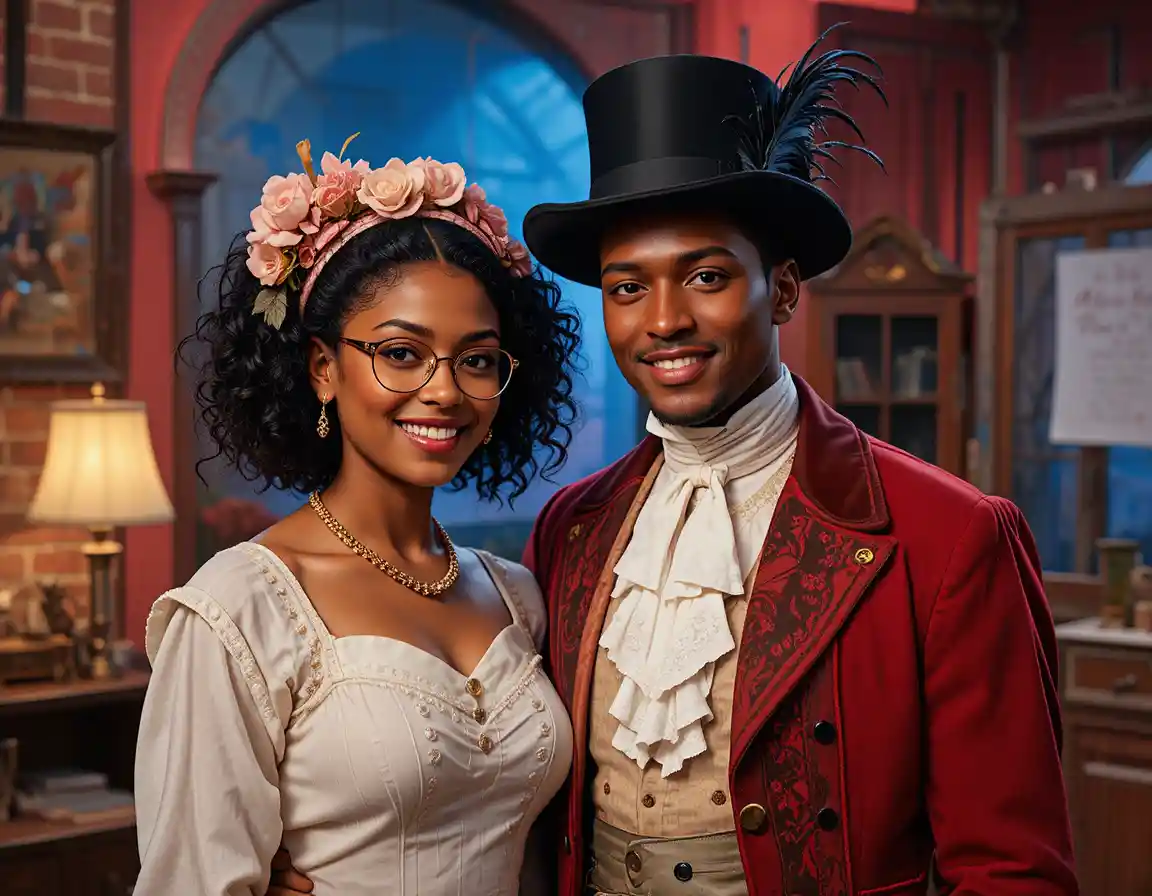 Smiling man and woman in costume on bright tv set
