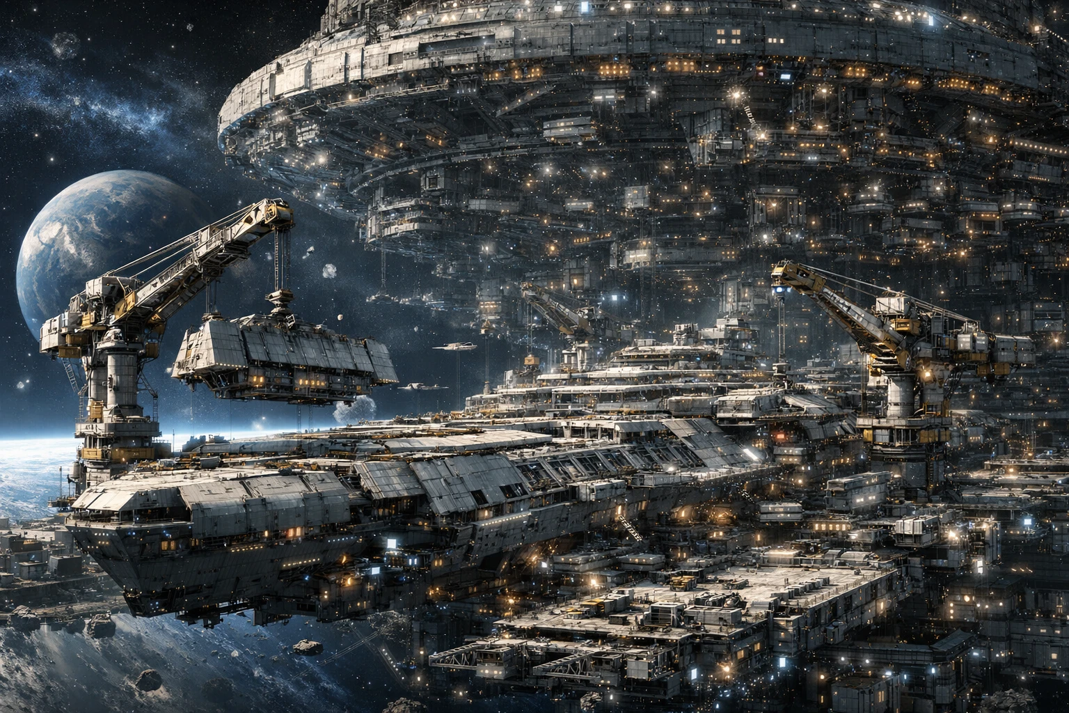 Massive spaceship under construction at a deep space factory