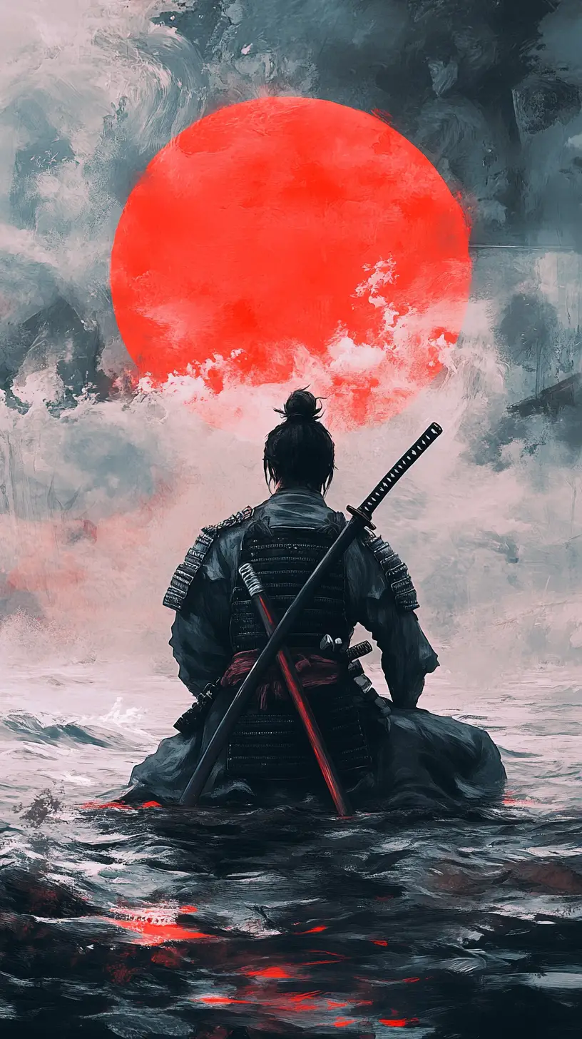 Lone samurai before a stormy sea and red sun