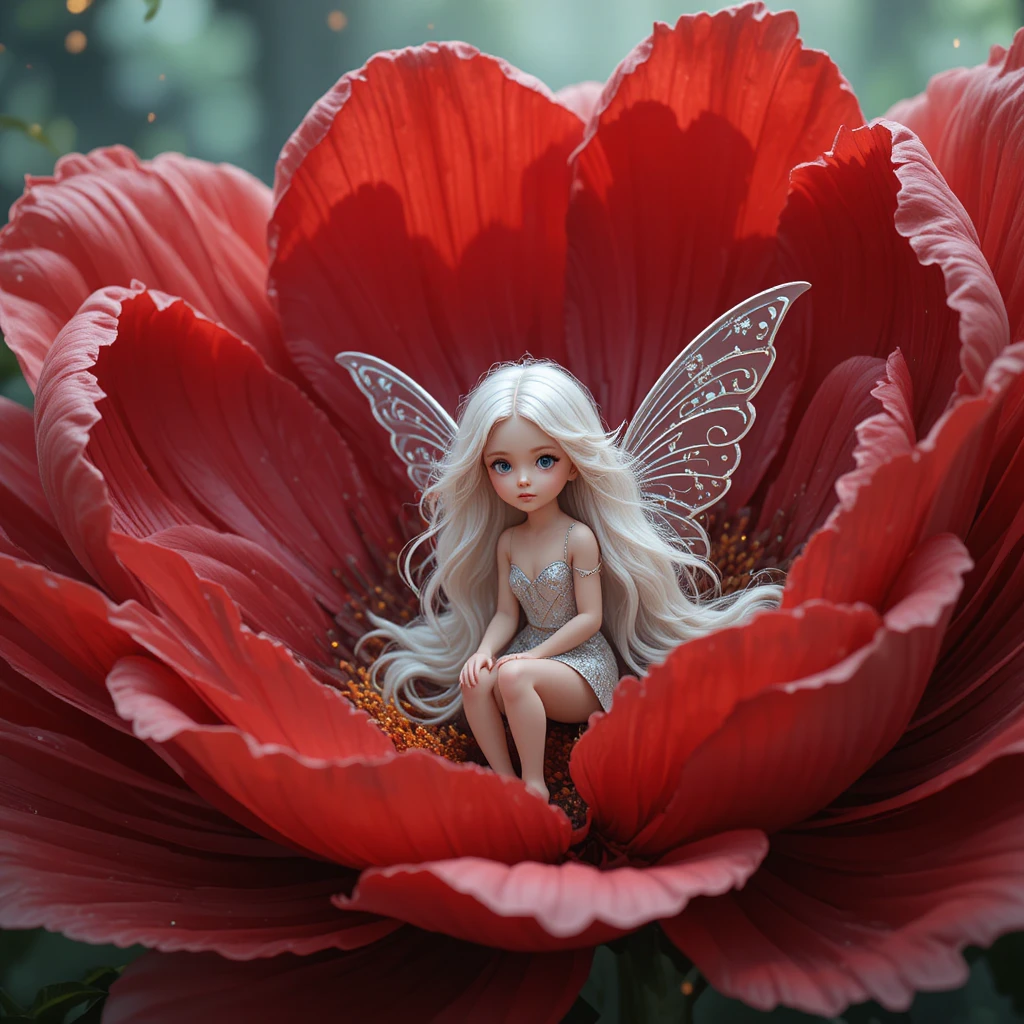 Tiny white haired fairy resting on a giant red flower