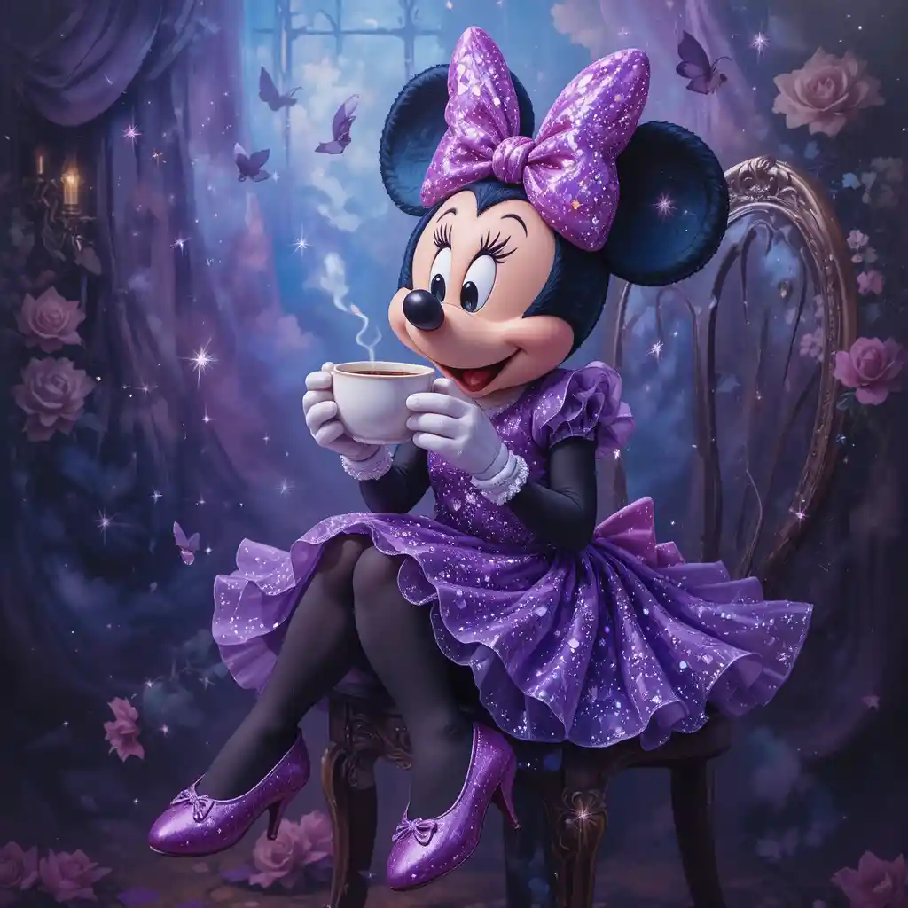 Ratón de dibujos animados con vestido morado tomando café en una silla