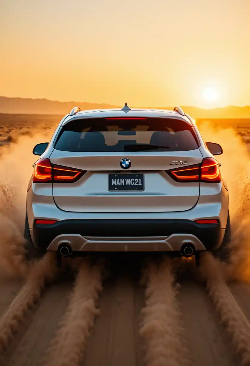 White suv racing through desert sand at golden sunset
