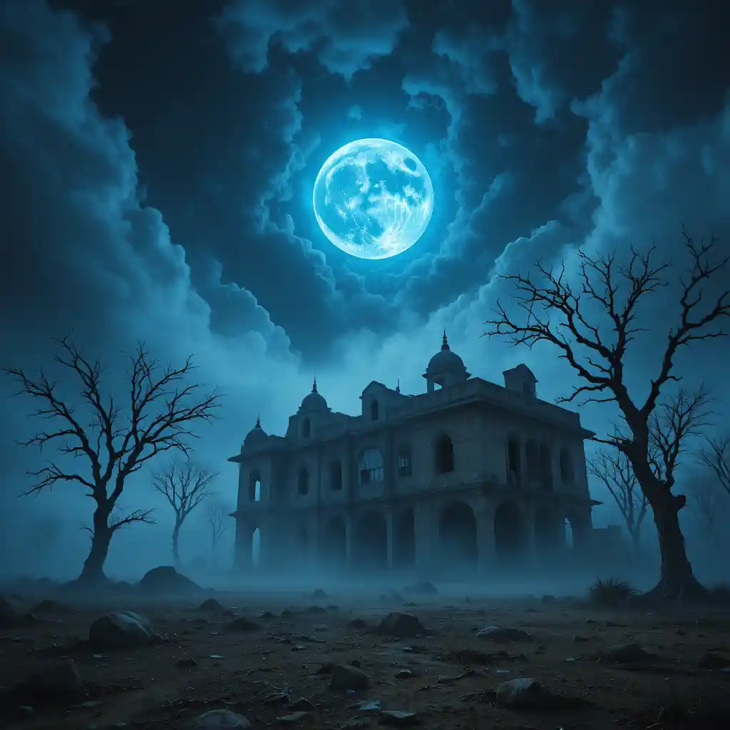 Abandoned haveli under blue moonlight at village edge