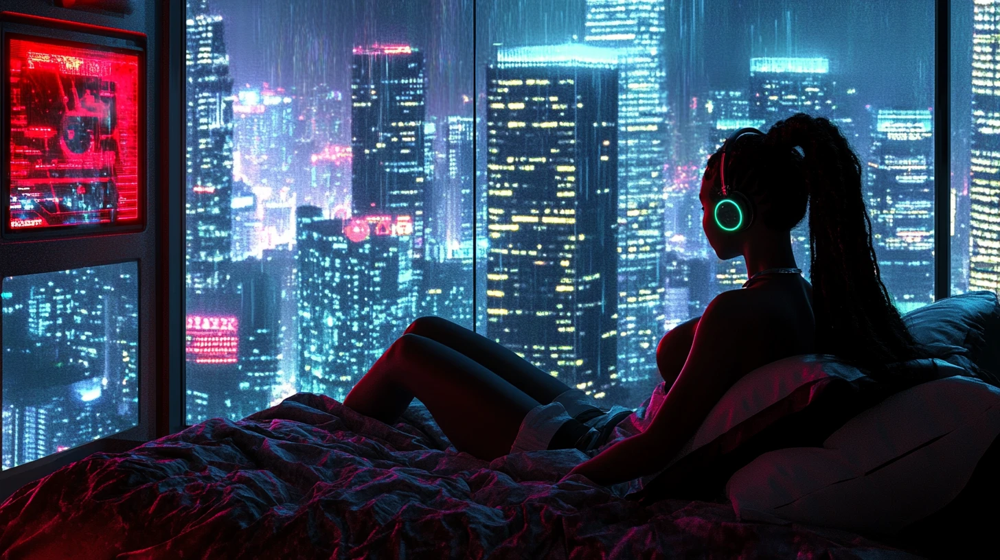 Afrofuturistic woman listening to music in neon city apartment