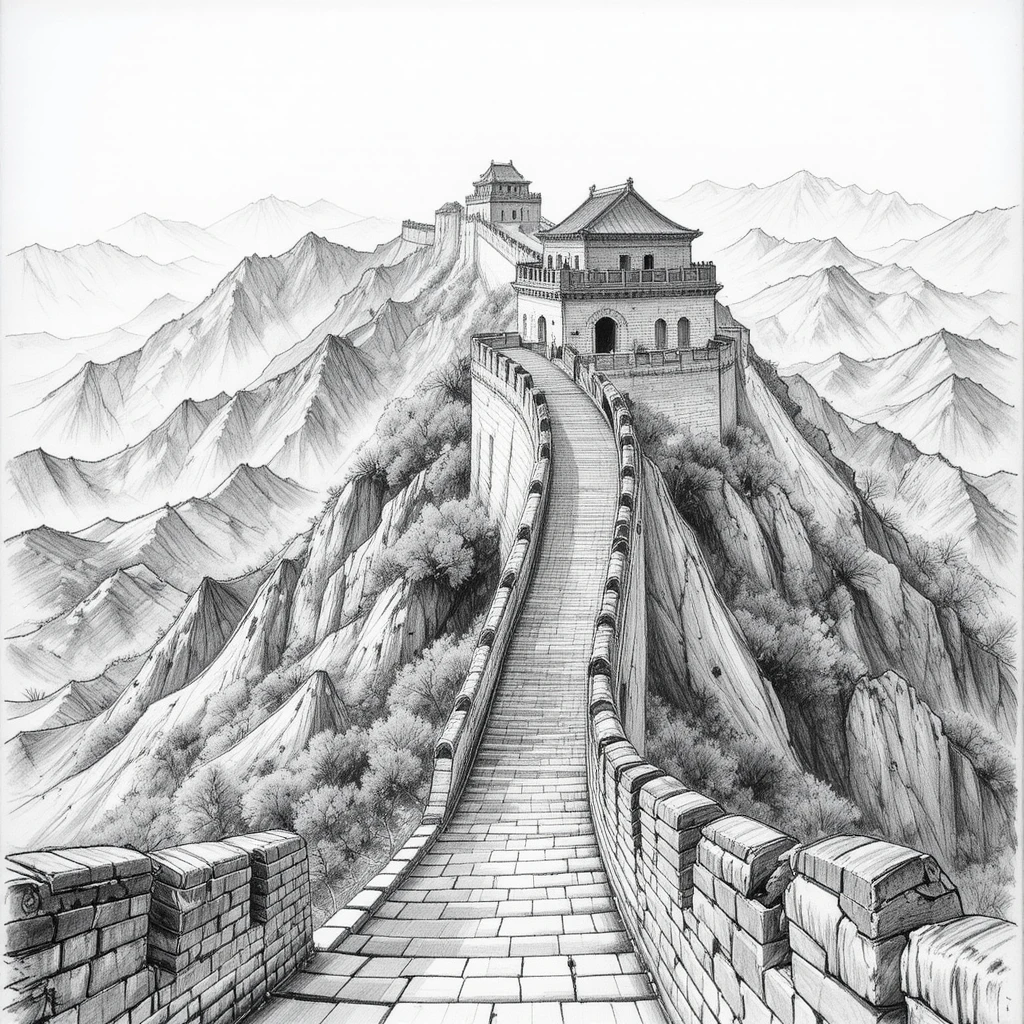 Graphite drawing of the Great Wall from a tower viewpoint